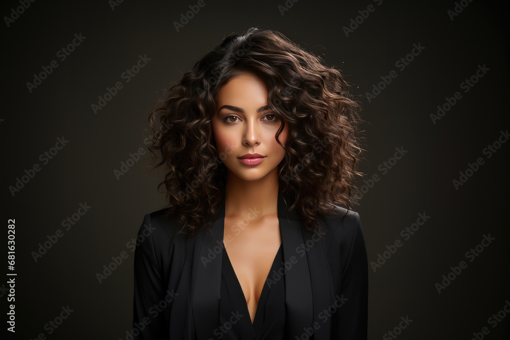A professional portrait of a beautiful woman with curly brunette hair, posing elegantly in a chic black blazer. A professional portrait of a beautiful woman with curly brunette hair, posing elegantly in a chic black blazer.