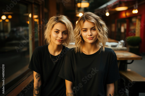 Twin sisters with stylish blonde hair smiling and wearing casual black t-shirts, standing together outdoors.