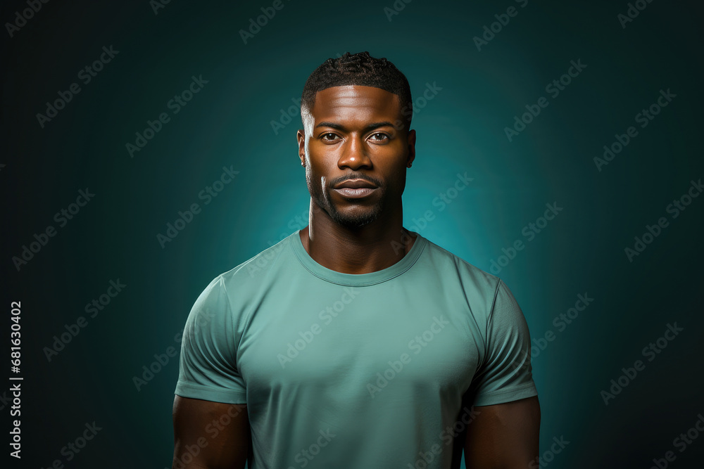 Portrait of a confident African American man in a green shirt against a dark studio background.