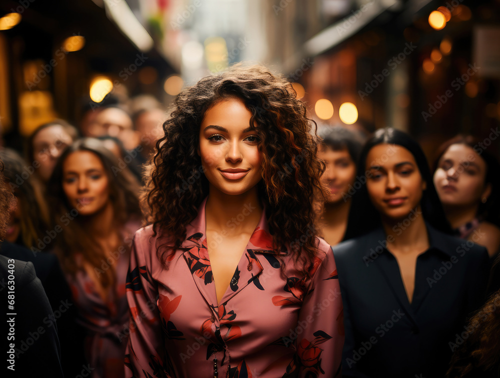 Stylish young woman confidently stands out in a bustling city crowd with a radiant smile and fashionable presence.