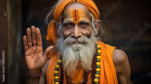 Indian hindu spiritual and religious old man with traditional dressing giving blessing photo
