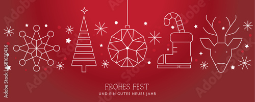 Weihnachtsgruss Frohes Fest - Stern, Weihnachtsbaum, Christbaumkugel Nikolausstiefel und Reh - deutscher Text auf rotem Hintergrund