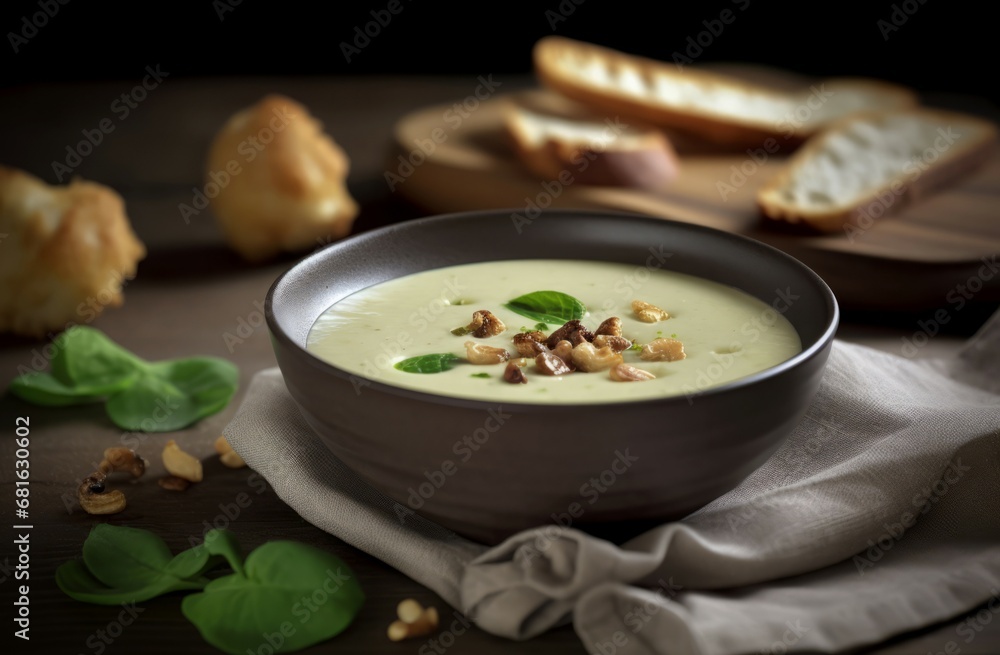 Serving kohlrabi cream soup dish. Turnip vegetable delicious dinner with bread toasts. Generate ai Serving kohlrabi cream soup dish. Turnip vegetable delicious dinner with bread toasts. Generate ai