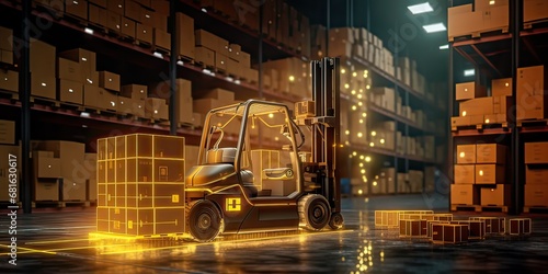 Automated Forklift doing storage in a warehouse managed by machine learning and artificial intelligence automation, robotics applied to industrial logistics, Distribution products, Commercial photo