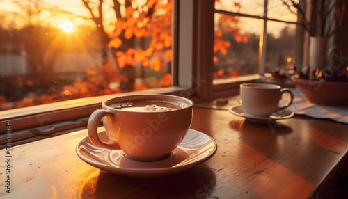 Hot drink on wooden table, sunlight through window, cozy relaxation generated by AI