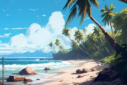 A Serene Paradise  A Tropical Beach Painting with Lush Palm Trees and Tranquil Waters