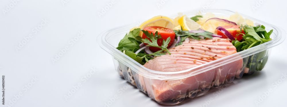 A salmon fillet in transparent packaging, garnished with lemon and parsley. The background is clean, showcasing the fillet's freshness. A salmon fillet in transparent packaging, garnished with lemon and parsley. The background is clean, showcasing the fillet's freshness.