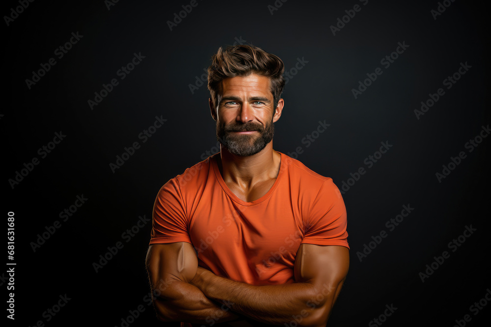 Confident and smiling bearded man in an orange shirt, showcasing a fit and muscular build against a dark backdrop.