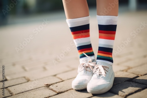 Legs in white sneakers and long striped multicolored socks. Stylish modern feet urban footwear. Generate ai