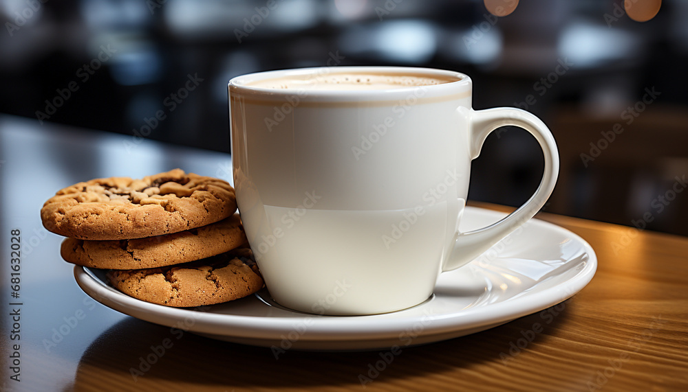 Freshly brewed coffee in a cup with chocolate chip cookie generated by AI Freshly brewed coffee in a cup with chocolate chip cookie generated by AI