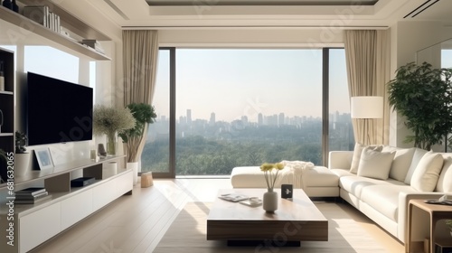 A living room is full of white furniture and TV with elegant cityscapes view.