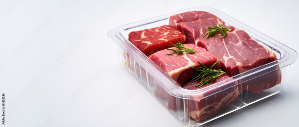 Fresh meat packaged and perfect for grilling, garnished with greenery. The background is simple, emphasizing the meat's grill-ready quality.