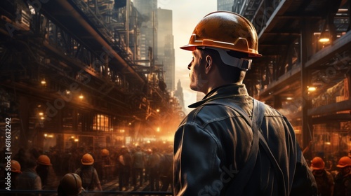 Engineer or architect with safety helmet and building background