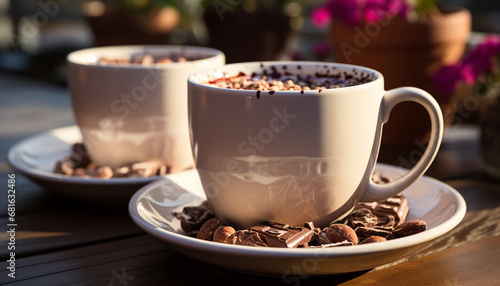 Freshly brewed coffee on a wooden table, a perfect start generated by AI