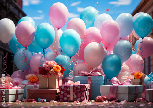 A birthday balloons flying over colorful gifts. A bunch of balloons that are in the air