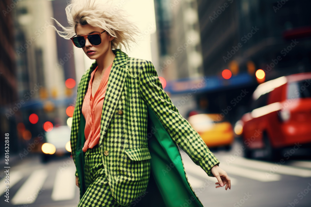  Fashionable young woman walking confidently down a city street with trendy outfit. New York City.