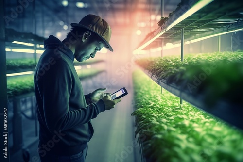 Man using smartphone in plants indoor greenhouse. Agricultural worker monitoring greenery development. Generate ai