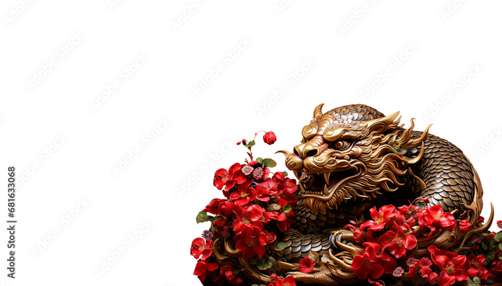 Illustration of mythical Chinese dragon representing Chinese new year of the dragon lunar new year with copy space cut out and isolated on a white background