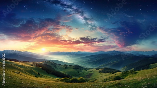 Landscape with Milky way galaxy.Sunrise and Earth view