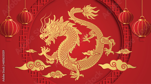 2024 Chinese New Year, year of the dragon banner template design with dragons, clouds and flowers background.