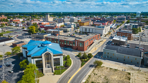 City of Muncie building and courthouse aerial in downtown Midwest town on N High Street, IN