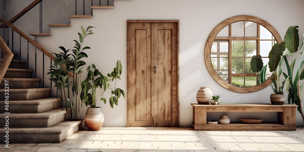 Boho style interior design of modern entrance hall with door Boho style interior design of modern entrance hall with door