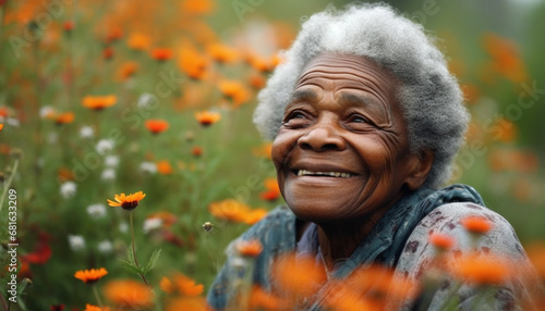 Smiling senior woman enjoys nature beauty in rural autumn scene generated by AI