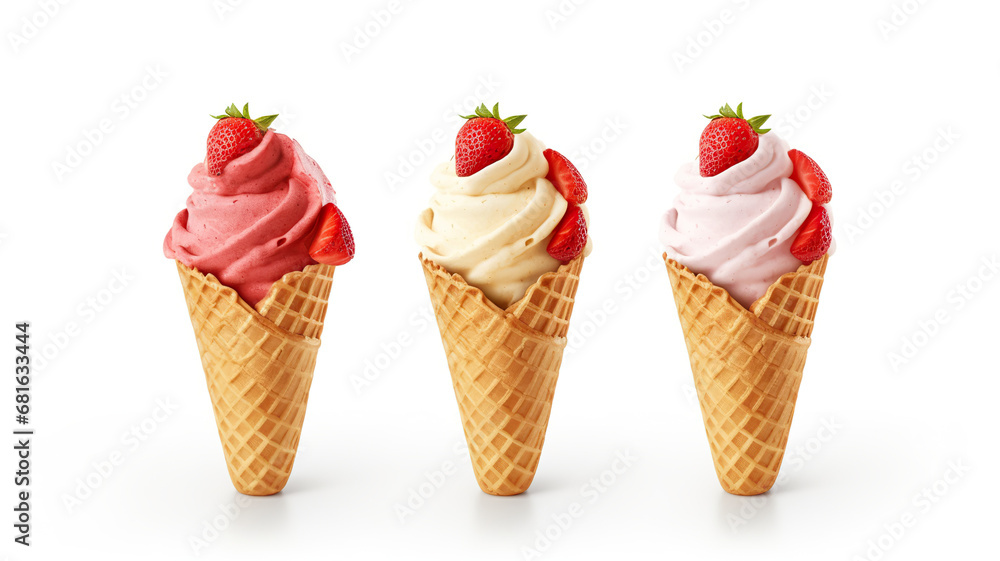 waffle cones with ice cream and strawberries separated on a stark white background
