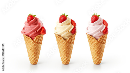 waffle cones with ice cream and strawberries separated on a stark white background