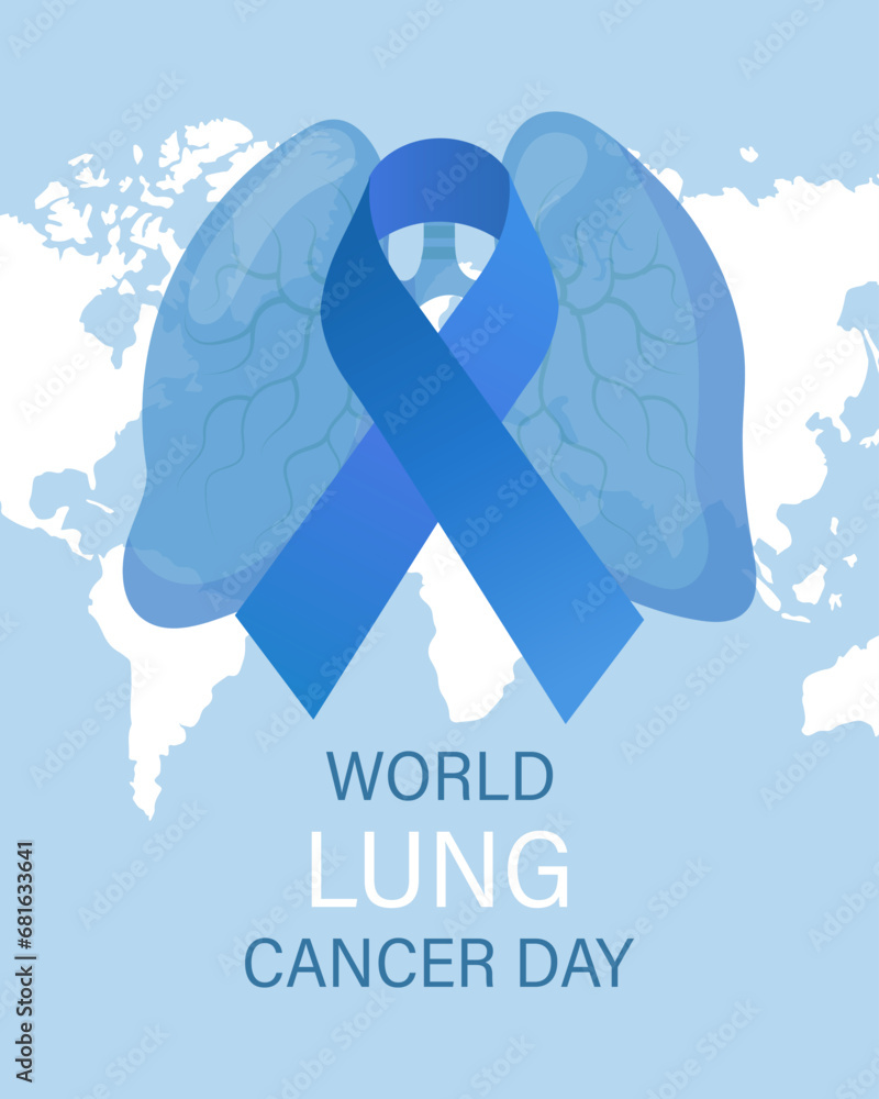 Fototapeta premium World lung cancer day, banner. Human lungs and blue awareness ribbon. The concept of medicine and healthcare. Vector