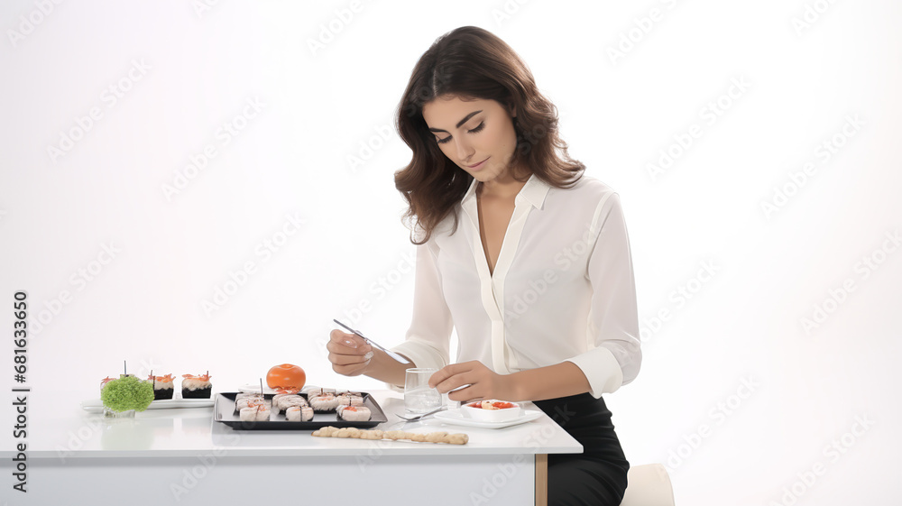 solitary woman consuming sushi on a sunny patio against a stark white background solitary woman consuming sushi on a sunny patio against a stark white background
