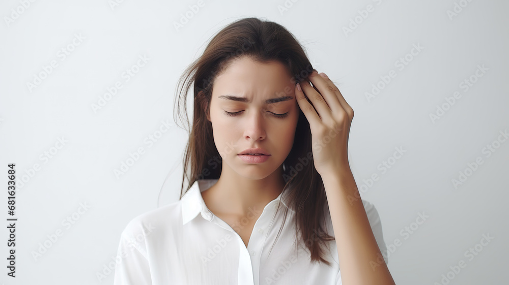 Woman alone on a stark white background, hand on forehead, appears exhausted Woman alone on a stark white background, hand on forehead, appears exhausted