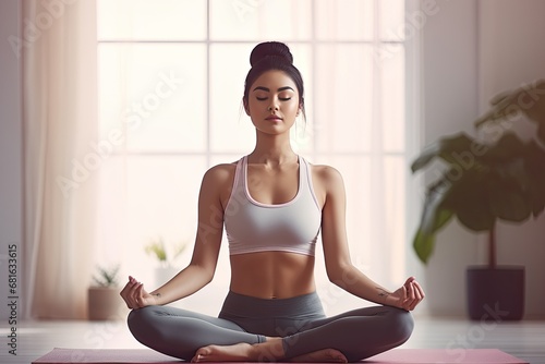 Healthy wellness Asian woman yoga breathing meditating in lotus position. Generative AI