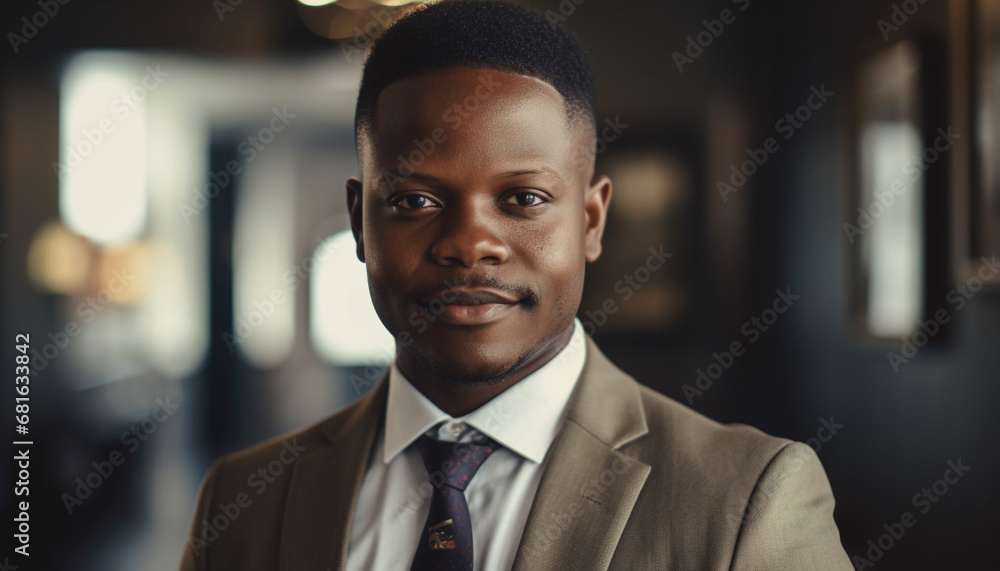 Confident African businessman smiling in modern office, successful entrepreneur expertise generated by AI Confident African businessman smiling in modern office, successful entrepreneur expertise generated by AI