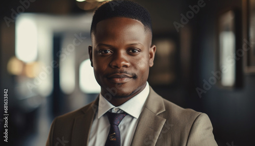 Confident African businessman smiling in modern office, successful entrepreneur expertise generated by AI