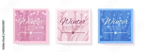 Post templates for social media with winter snowy backgrounds. Blue and pink sky with Blizzard, Snowdrifts and Snowfall. Sales Design elements blog, banner, poster, web template. Vector illustration