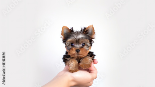lone woman clutching a yorkshire terrier on a stark white background photo