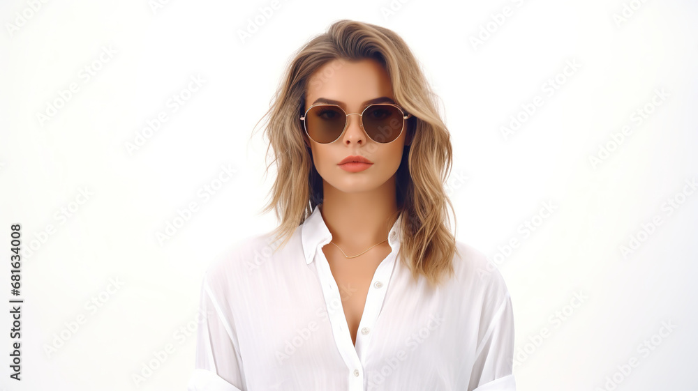 Isolated against a stark white background is a woman wearing sunglasses and a white shirt. Isolated against a stark white background is a woman wearing sunglasses and a white shirt.