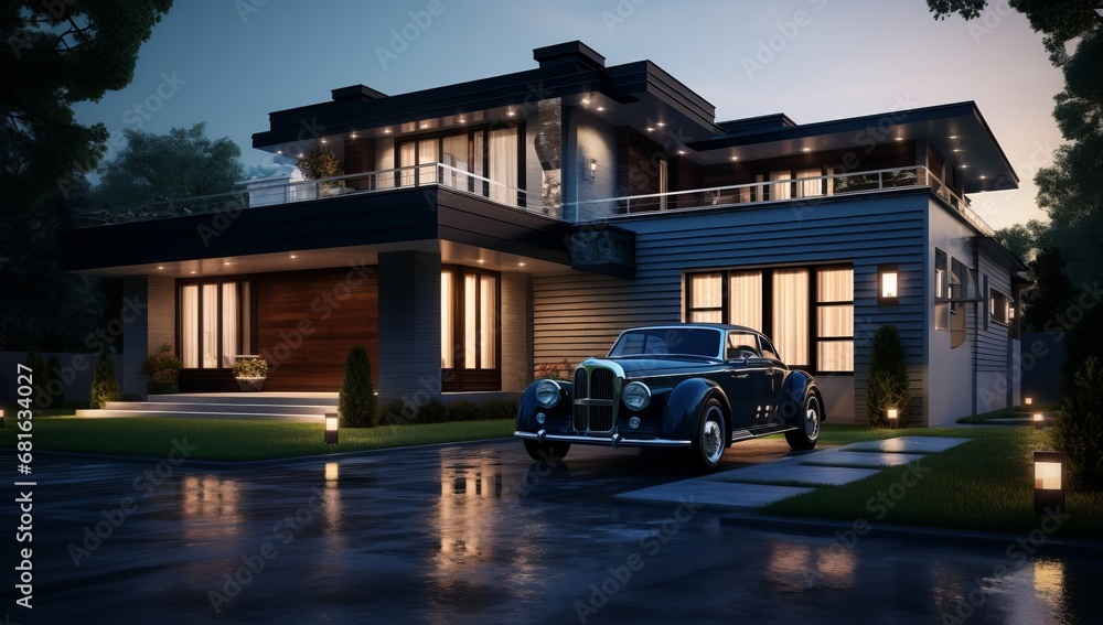 Obraz premium A Classic Red Car Parked in Front of a Charming Suburban House