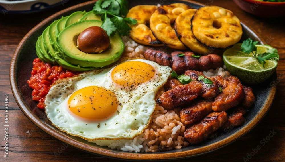 Grilled meat and vegetable plate, a gourmet summer lunch ready to eat generated by AI Grilled meat and vegetable plate, a gourmet summer lunch ready to eat generated by AI