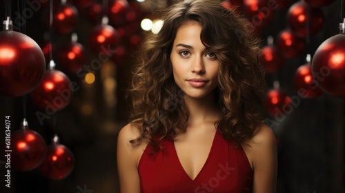 Curly brunette hair woman with Christmas decorations  © Алина Бузунова