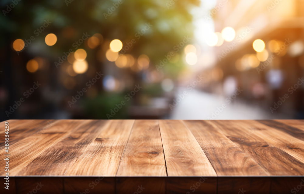 Wooden empty table in front of blurred cafe and park background Wooden empty table in front of blurred cafe and park background