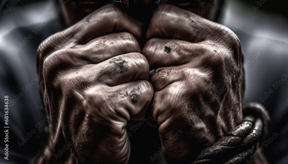 Old craftsman strong hand holds leather tool in workshop sculpture generated by AI
