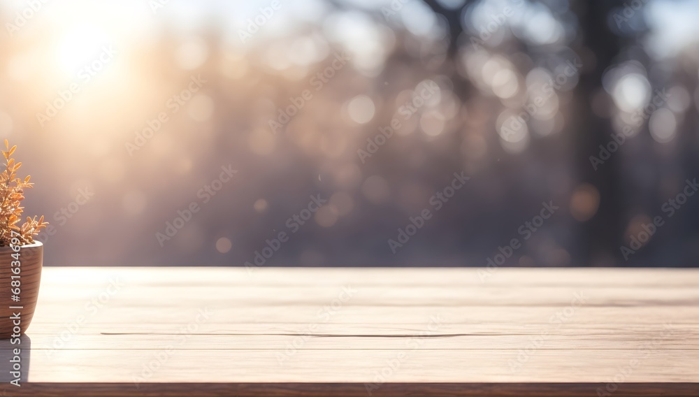 Empty wooden tabe with sunlight and bokeh lights in the background. Empty wooden tabletop. Perfect backdrop for product presentations. Empty wooden tabe with sunlight and bokeh lights in the background. Empty wooden tabletop. Perfect backdrop for product presentations.