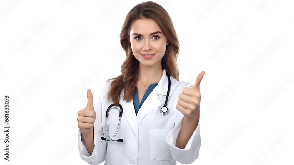 A young female physician isolated on a white background gives the okay sign. A young female physician isolated on a white background gives the okay sign.
