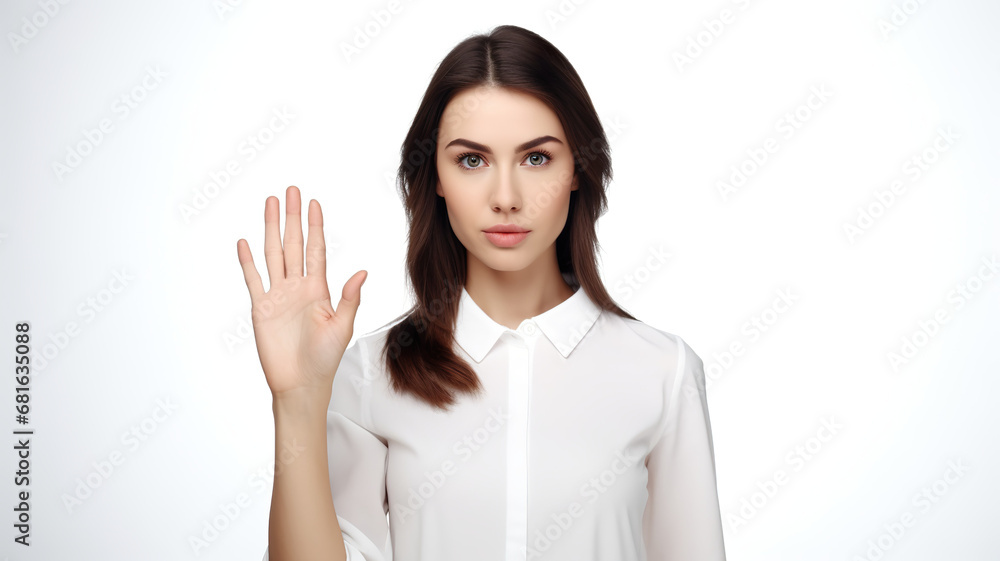 Against an all white background, a young woman wearing a white shirt is posing with her hand up. Against an all white background, a young woman wearing a white shirt is posing with her hand up.