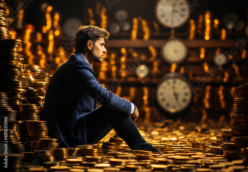 Businessman holding stack of coins. A man sitting on a pile of gold coins photo