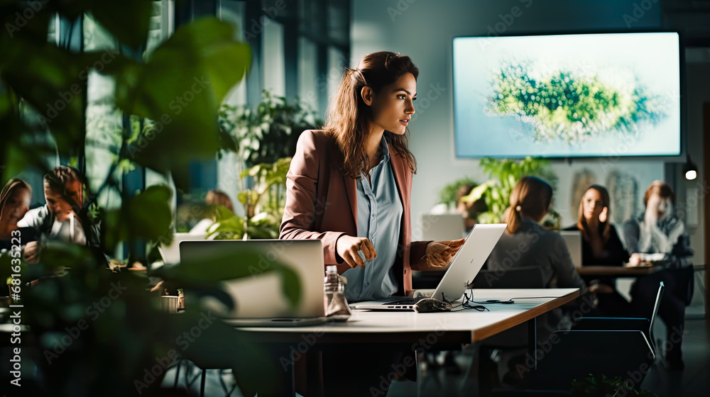 Image of a businesswoman giving a presentation at a conference in a friendly atmosphere in a modern office. Image of a businesswoman giving a presentation at a conference in a friendly atmosphere in a modern office.