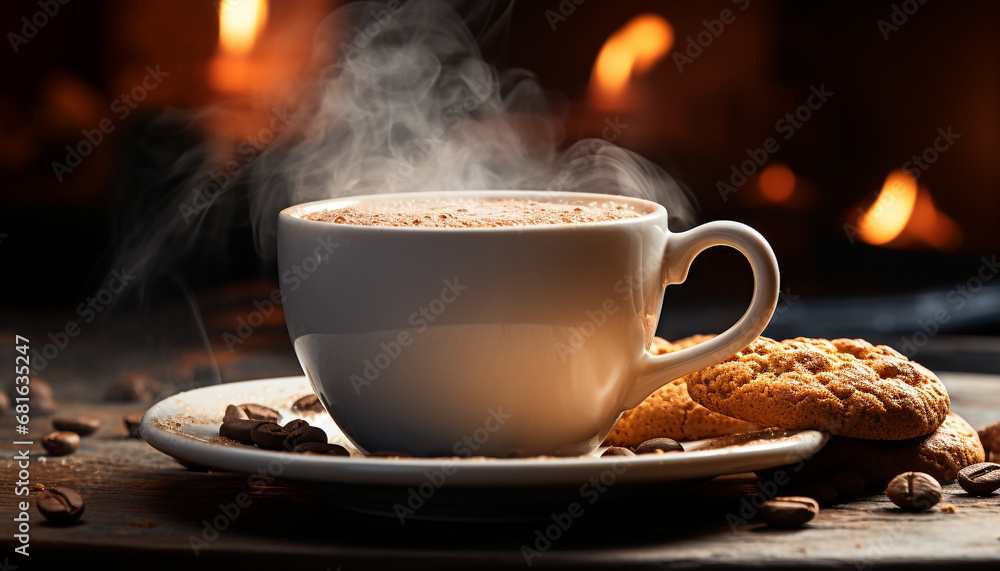 Hot drink on wooden table, steam rising, chocolate and cookie generated by AI Hot drink on wooden table, steam rising, chocolate and cookie generated by AI