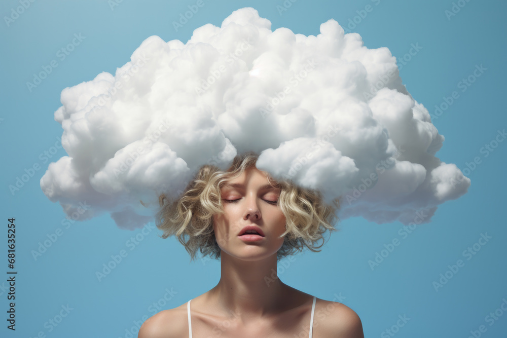 Young woman with clouds over her head, concept of mental health, depression, emotions.